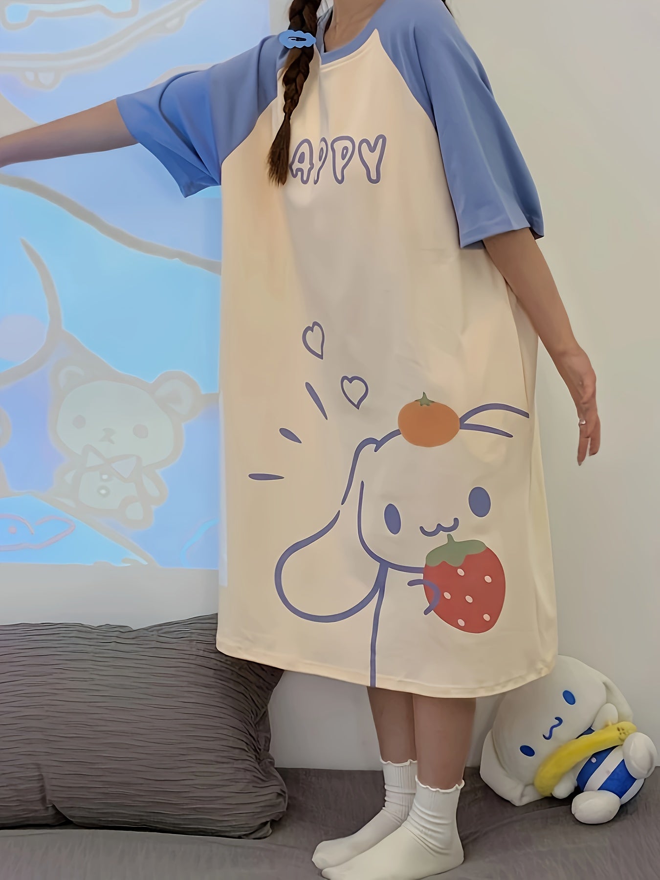 Women's Cute Cartoon With Strawberry & Letter Print Sleepwear Dress, Raglan Sleeve Round Neck Loose Fit Dress, Comfortable Nightgown