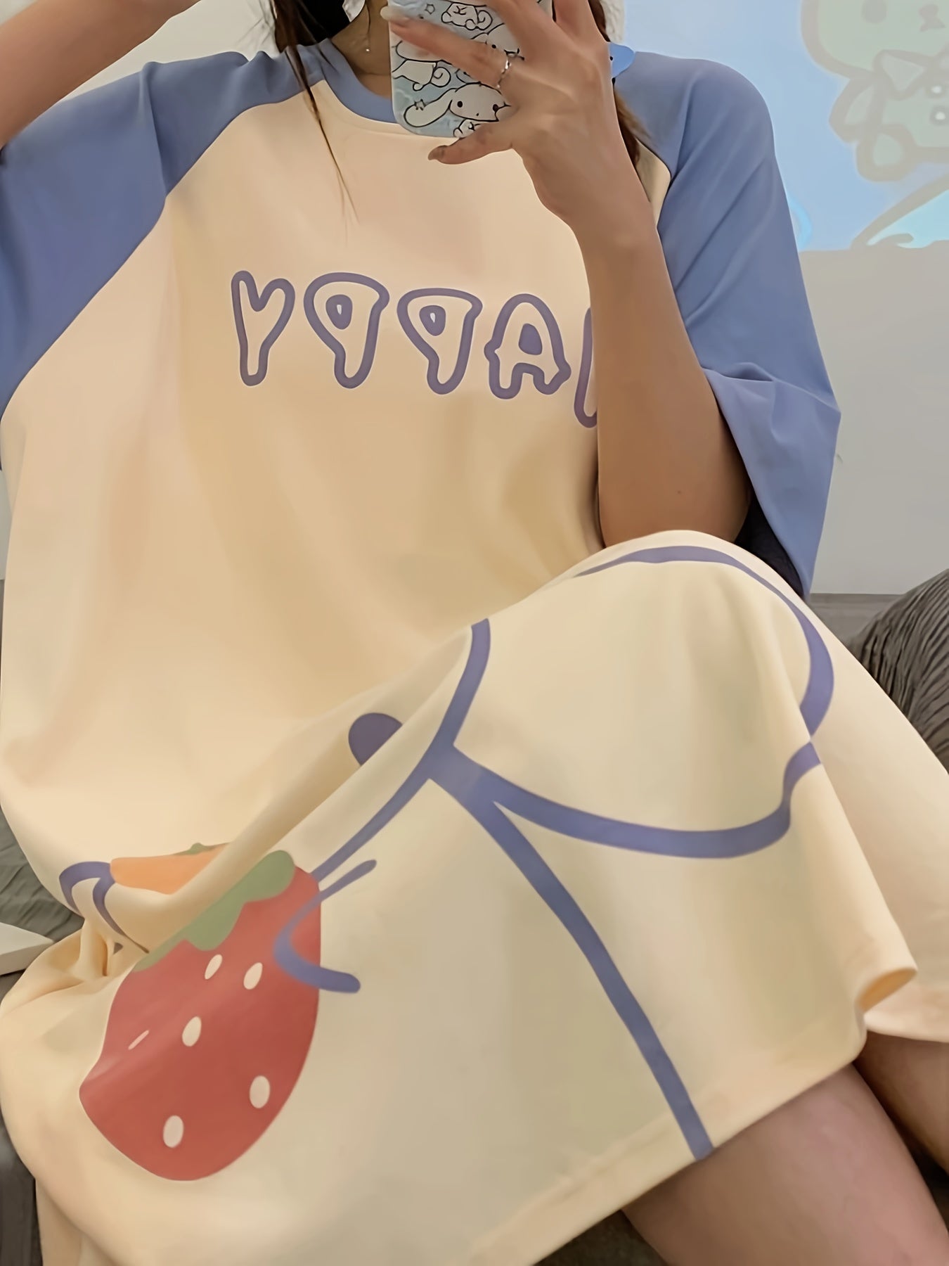 Women's Cute Cartoon With Strawberry & Letter Print Sleepwear Dress, Raglan Sleeve Round Neck Loose Fit Dress, Comfortable Nightgown
