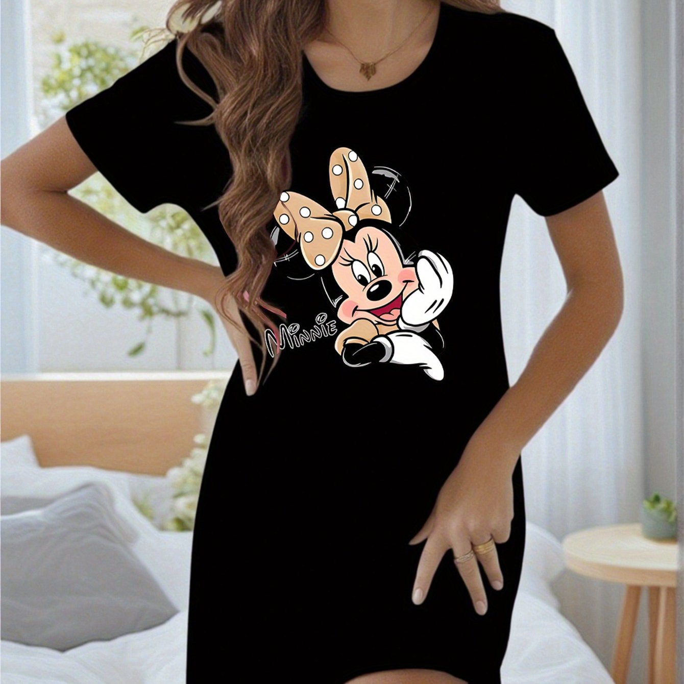 Women'S Minnie Mouse Print Nightgown - Soft Beige Short Sleeve Loose Fit Sleep Dress with Cartoon Design, Casual Summer Loungewear for Adults, Casual Sleepwear | Playful Print Dress | Soft Fabric Dress