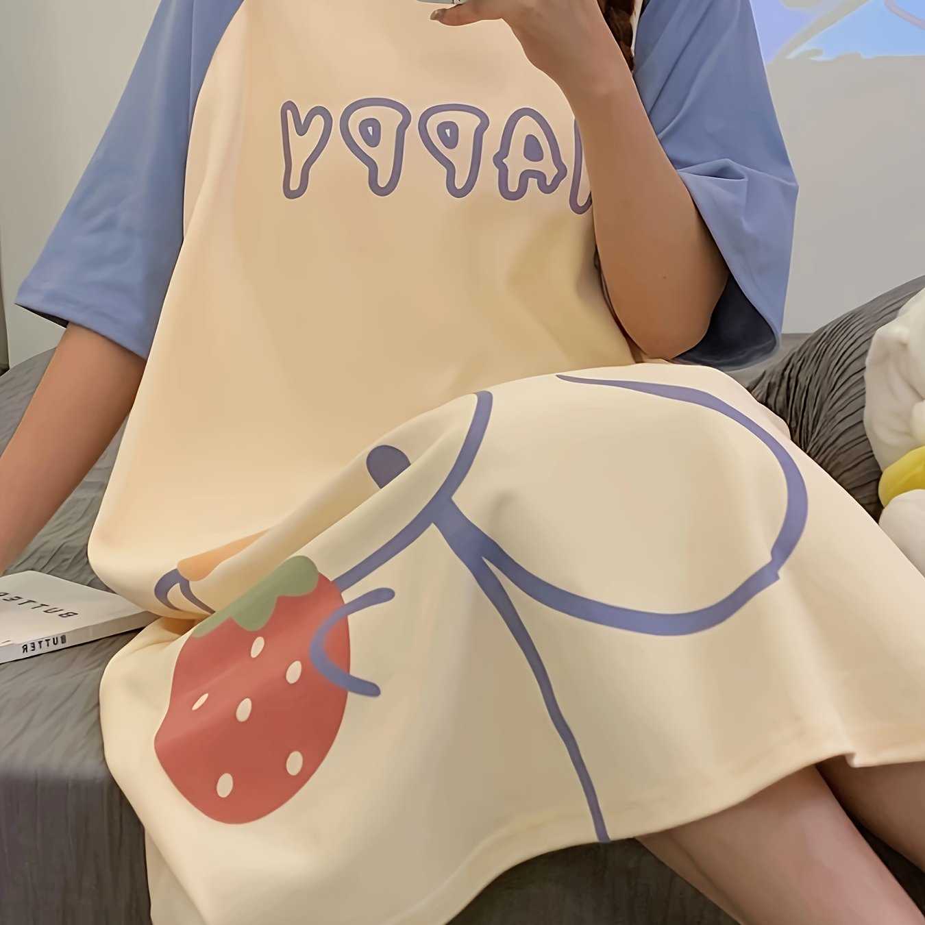 Women's Cute Cartoon With Strawberry & Letter Print Sleepwear Dress, Raglan Sleeve Round Neck Loose Fit Dress, Comfortable Nightgown
