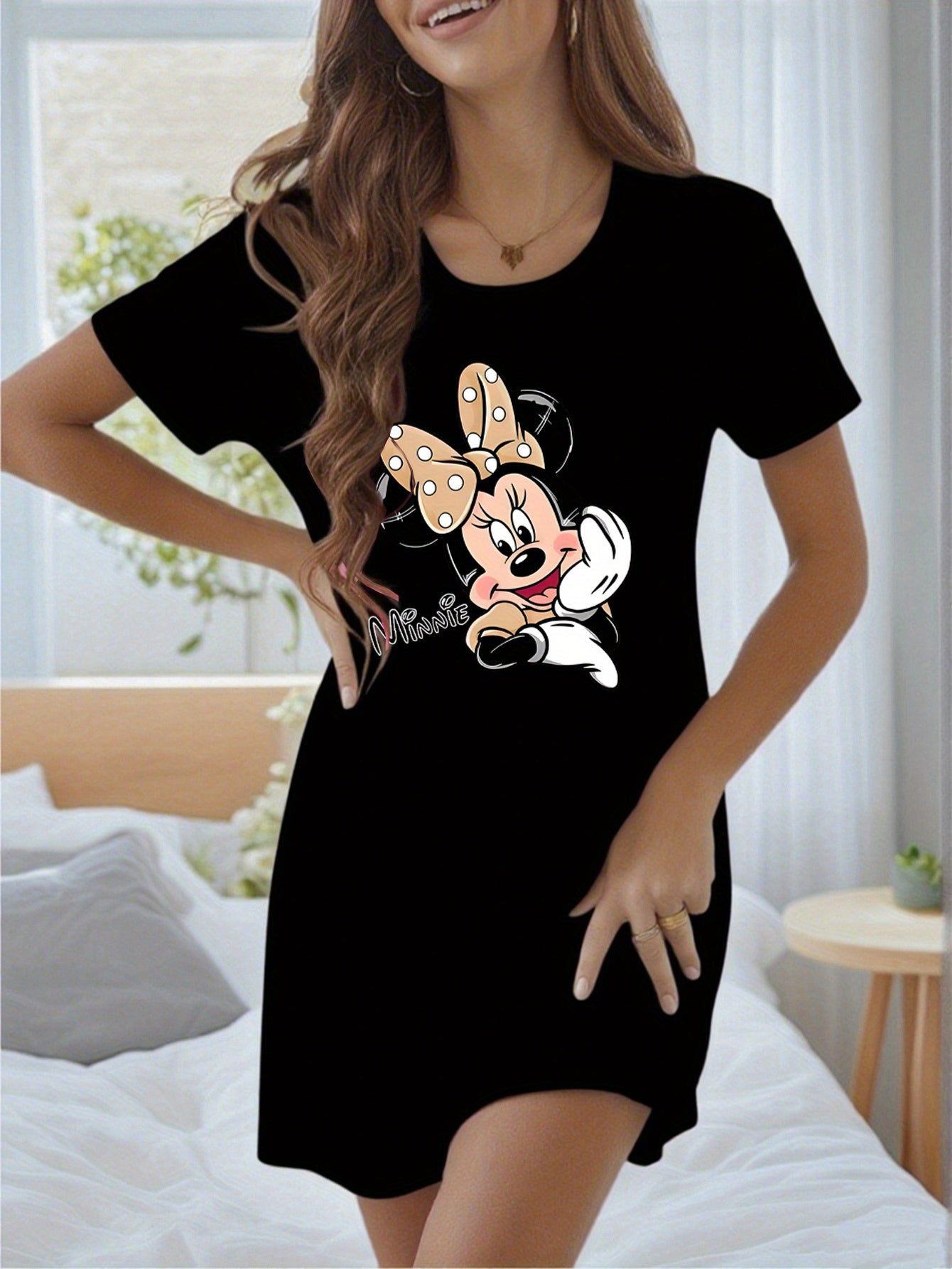 Women'S Minnie Mouse Print Nightgown - Soft Beige Short Sleeve Loose Fit Sleep Dress with Cartoon Design, Casual Summer Loungewear for Adults, Casual Sleepwear | Playful Print Dress | Soft Fabric Dress
