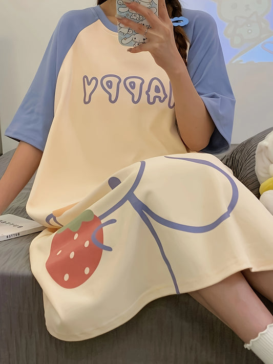 Women's Cute Cartoon With Strawberry & Letter Print Sleepwear Dress, Raglan Sleeve Round Neck Loose Fit Dress, Comfortable Nightgown