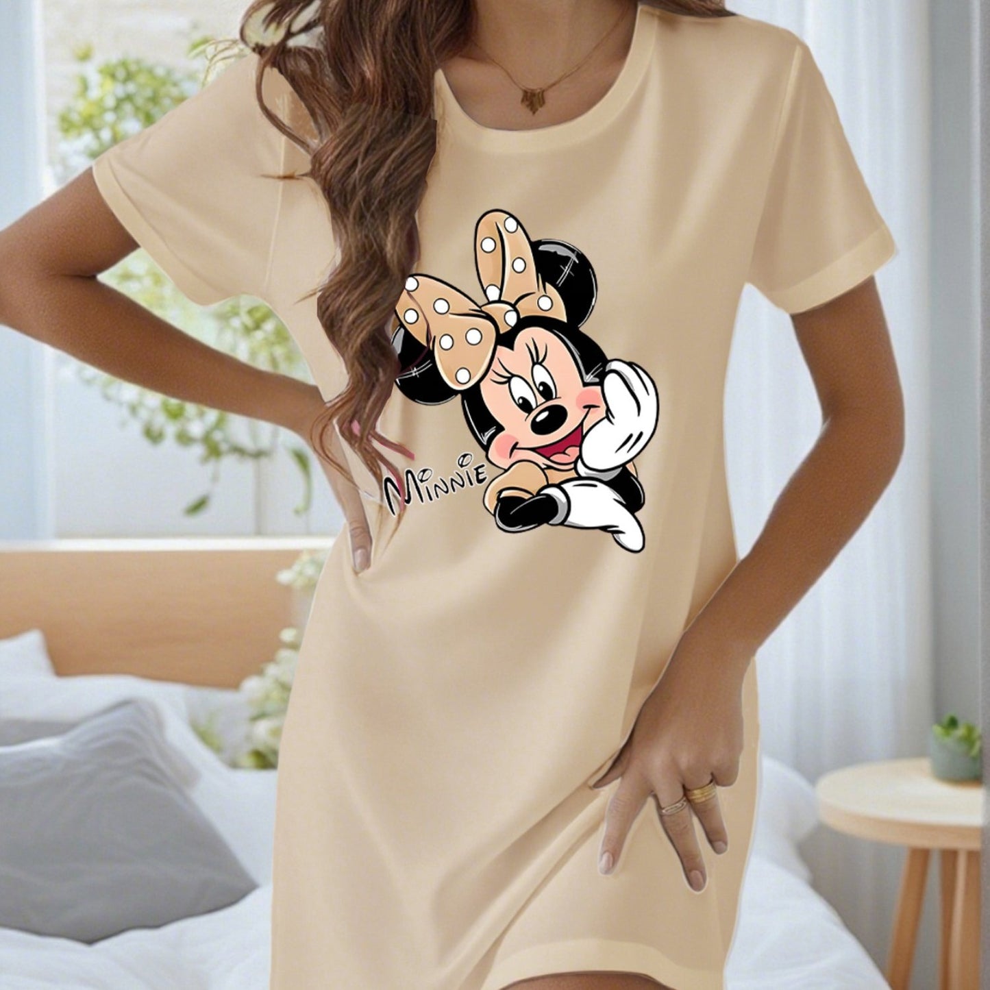 Women'S Minnie Mouse Print Nightgown - Soft Beige Short Sleeve Loose Fit Sleep Dress with Cartoon Design, Casual Summer Loungewear for Adults, Casual Sleepwear | Playful Print Dress | Soft Fabric Dress