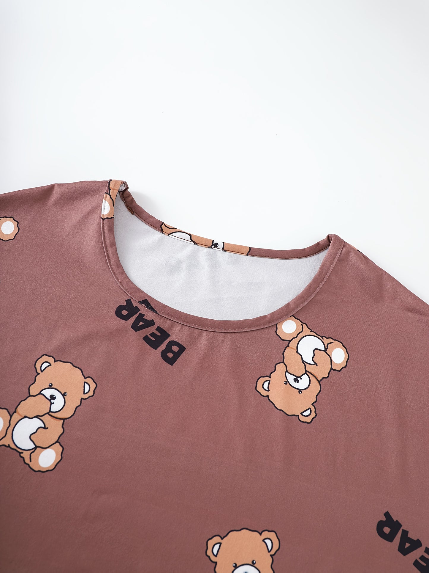 Set of 3 Short-Sleeve Summer Nightgowns for Women, Featuring a Loose Fit And Round Neck. Adorned with Cute Cartoon Bear Prints, These Comfortable And Durable Homewear Dresses Have a Dropped Shoulder Design And Rolled Edges.