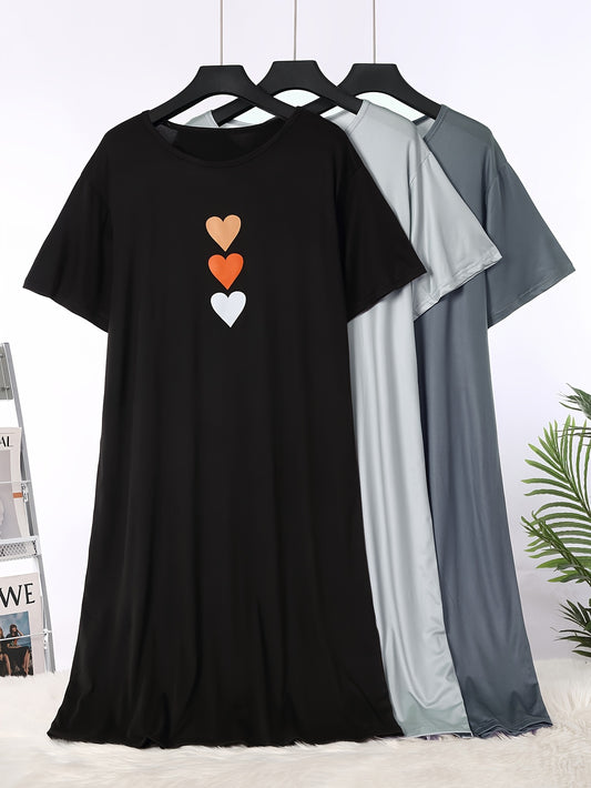 Women'S Plus-Size T-Shirt Dress Nightgown with Heart Print, Sleepwear Set Suitable for Home And Outdoor Wear.