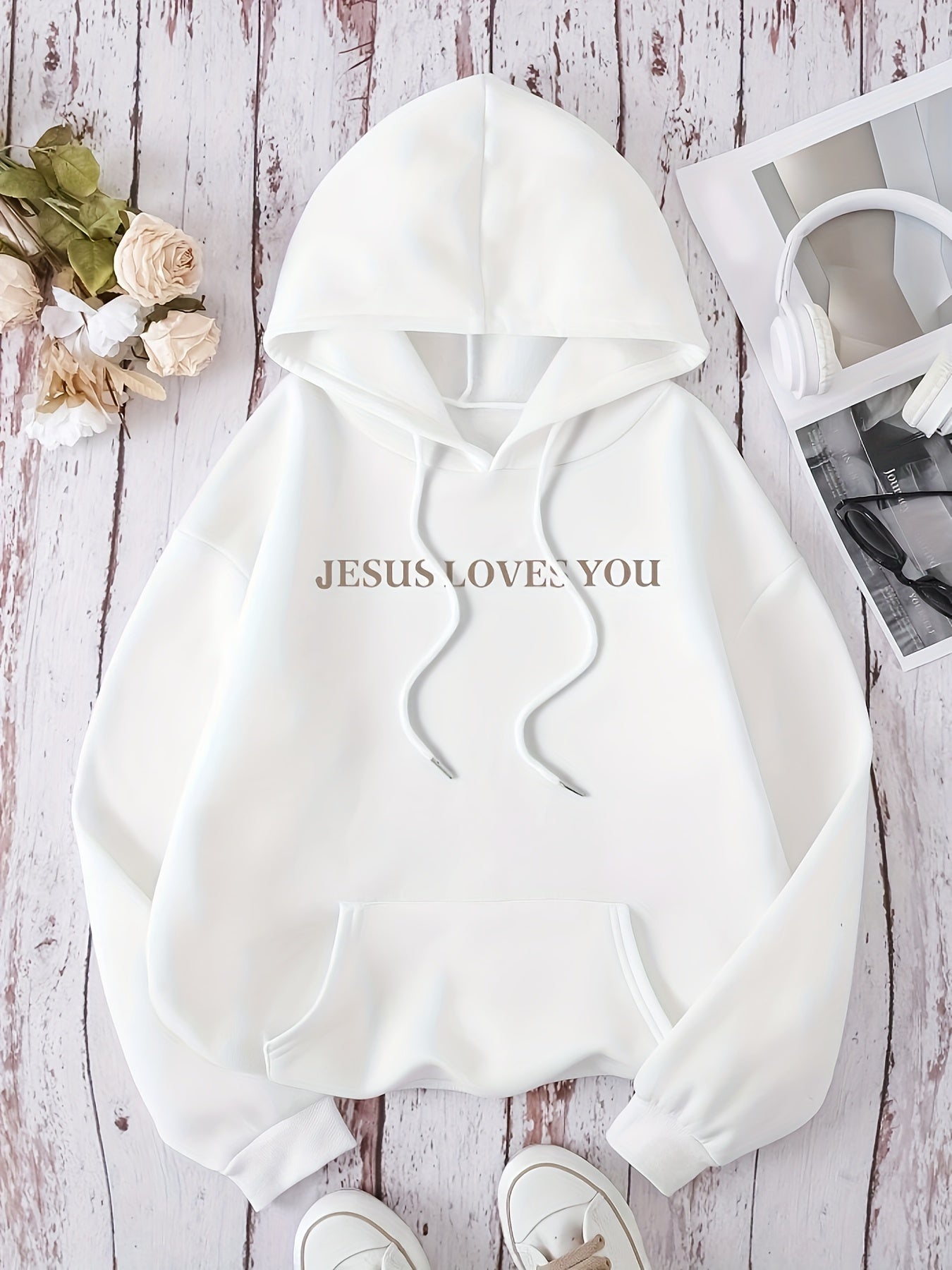 “Jesus Loves You” Letter Print Hoodie