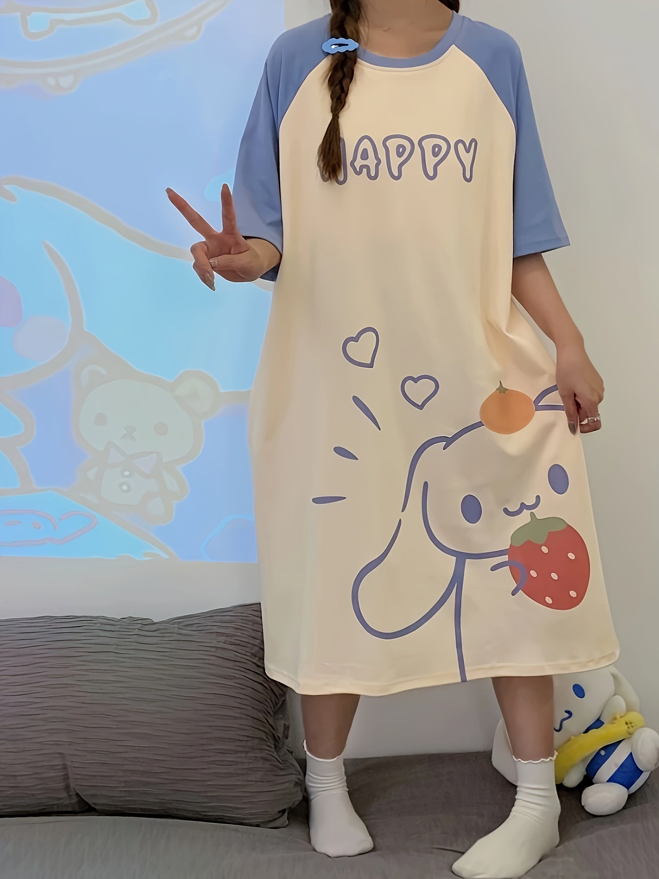 Women's Cute Cartoon With Strawberry & Letter Print Sleepwear Dress, Raglan Sleeve Round Neck Loose Fit Dress, Comfortable Nightgown