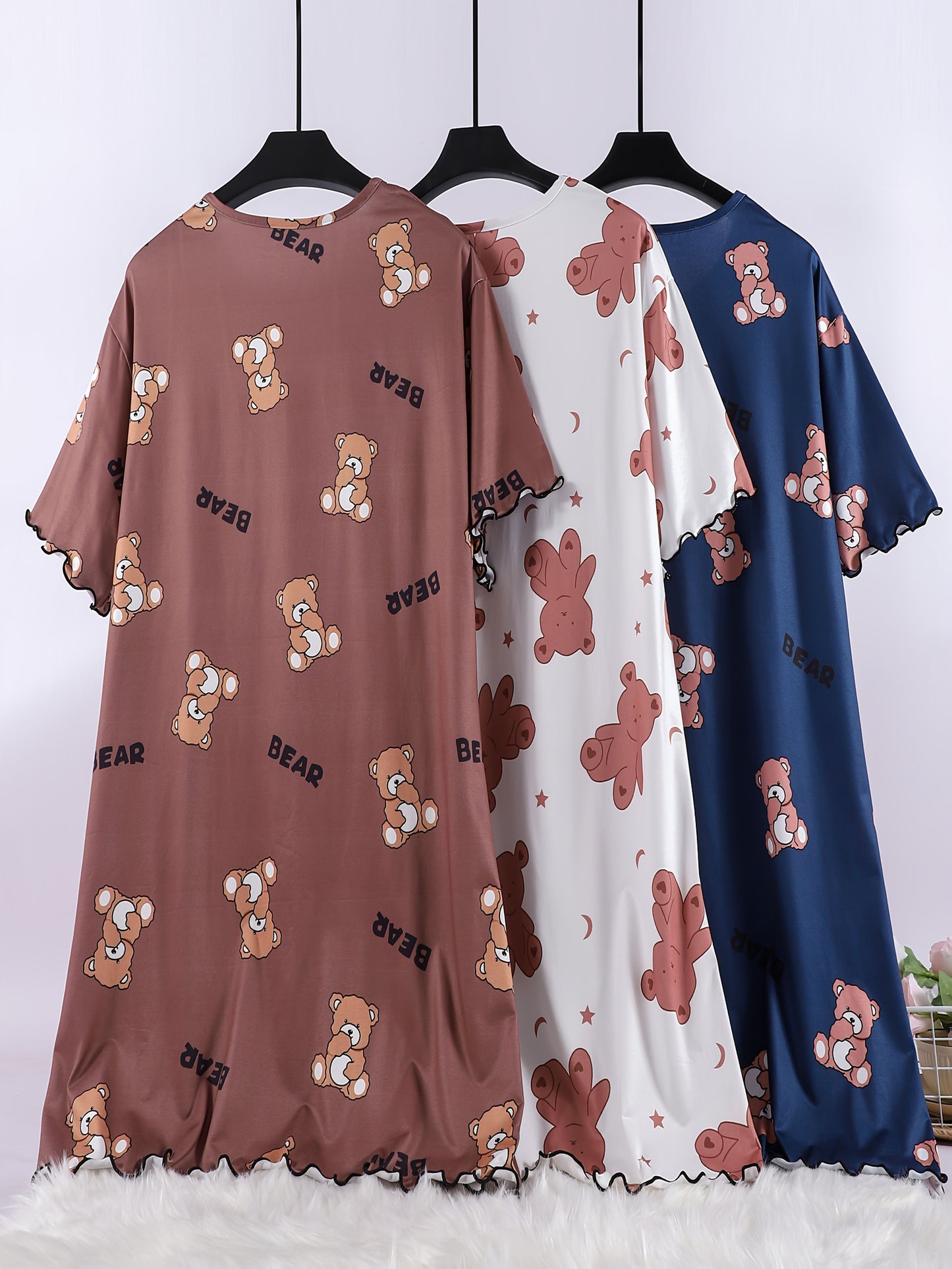 Set of 3 Short-Sleeve Summer Nightgowns for Women, Featuring a Loose Fit And Round Neck. Adorned with Cute Cartoon Bear Prints, These Comfortable And Durable Homewear Dresses Have a Dropped Shoulder Design And Rolled Edges.