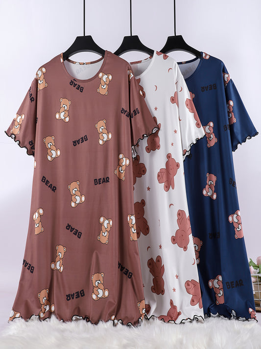 Set of 3 Short-Sleeve Summer Nightgowns for Women, Featuring a Loose Fit And Round Neck. Adorned with Cute Cartoon Bear Prints, These Comfortable And Durable Homewear Dresses Have a Dropped Shoulder Design And Rolled Edges.