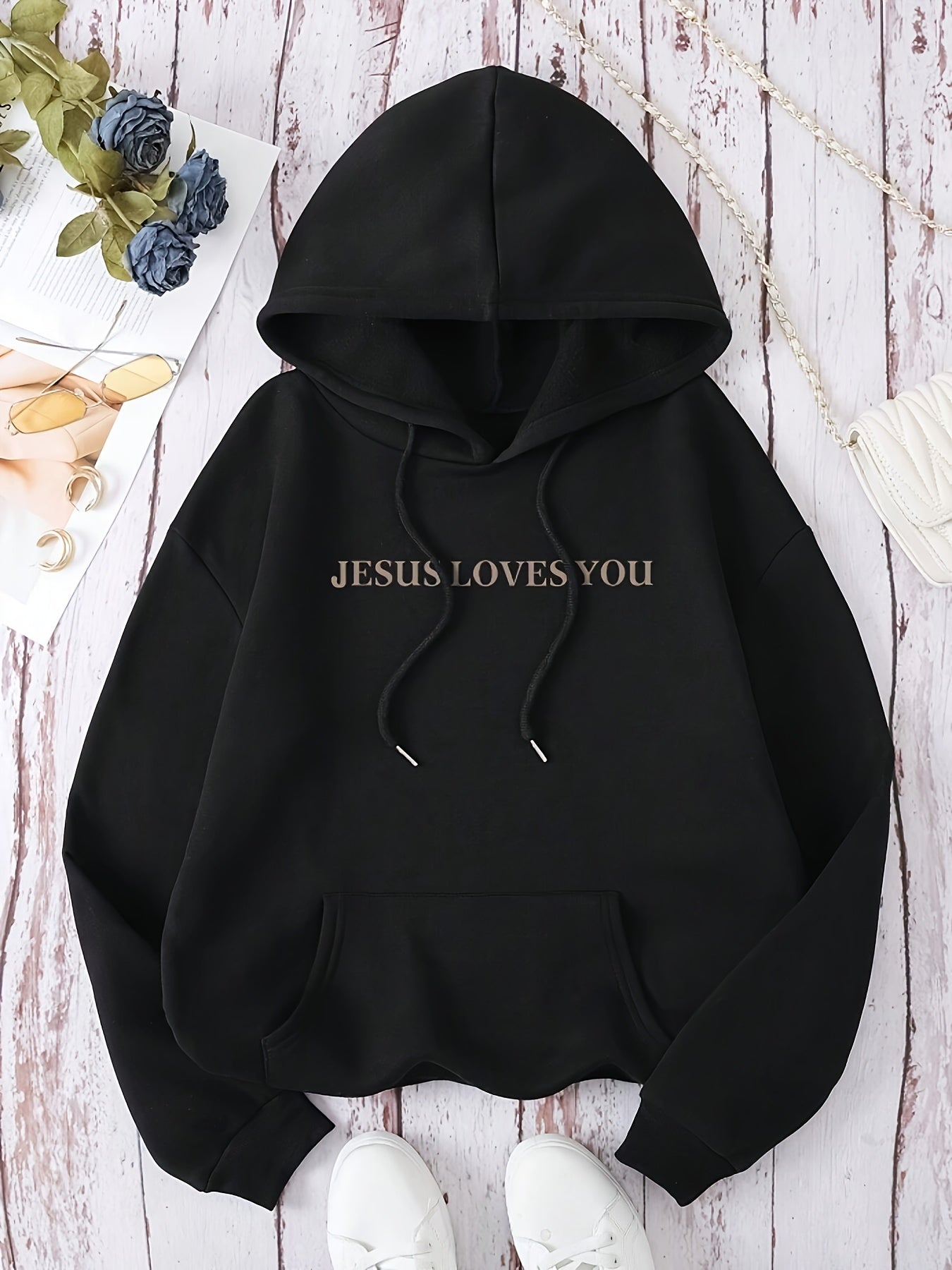 “Jesus Loves You” Letter Print Hoodie