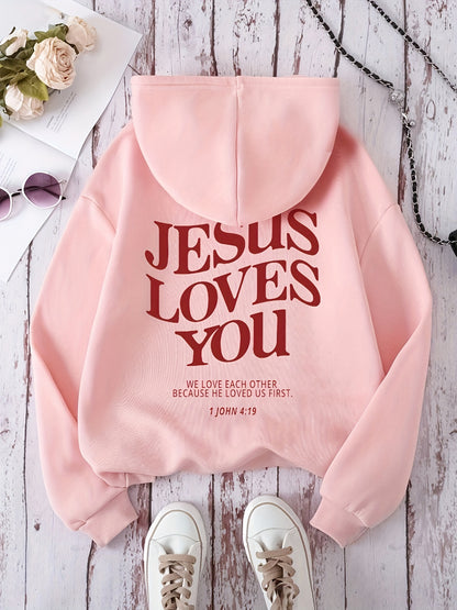 “Jesus Loves You” Letter Print Hoodie