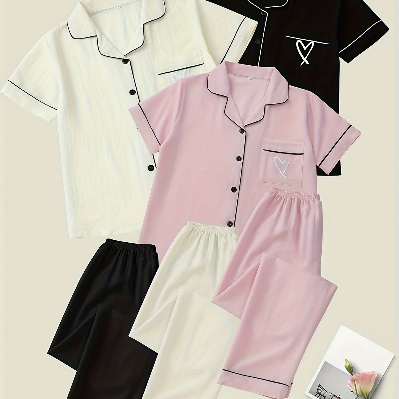 Set Amira – Herz Stickerei Pyjama 3-teilig