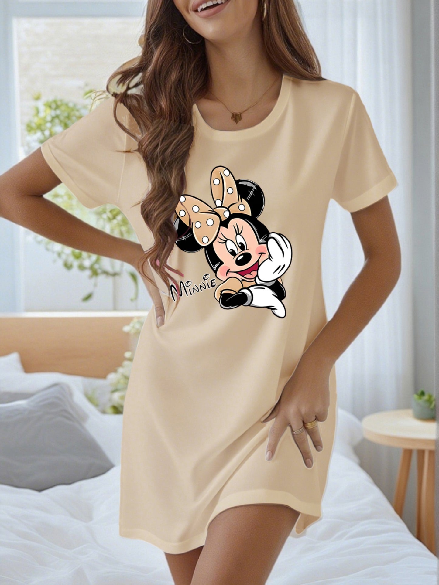 Women'S Minnie Mouse Print Nightgown - Soft Beige Short Sleeve Loose Fit Sleep Dress with Cartoon Design, Casual Summer Loungewear for Adults, Casual Sleepwear | Playful Print Dress | Soft Fabric Dress