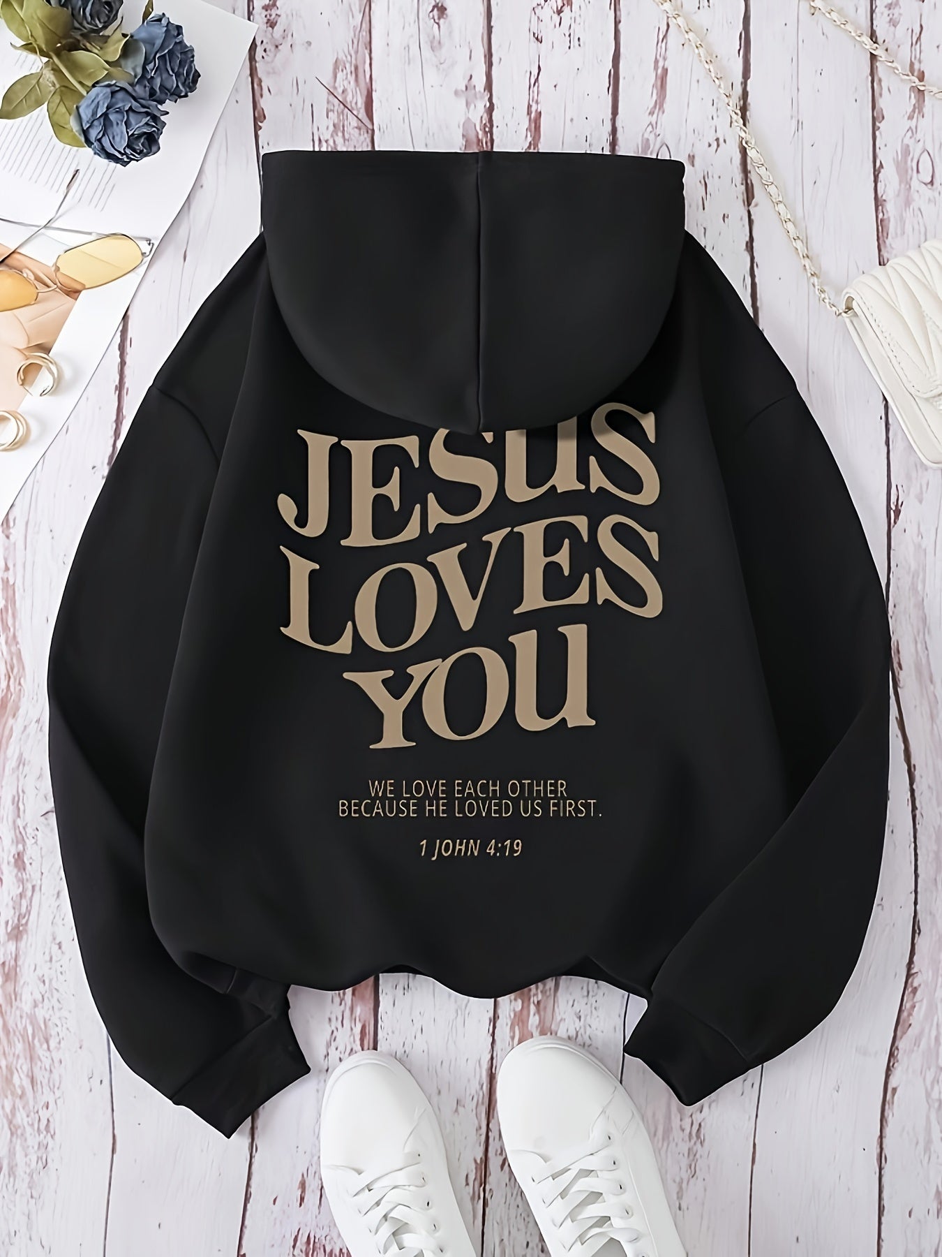 “Jesus Loves You” Letter Print Hoodie