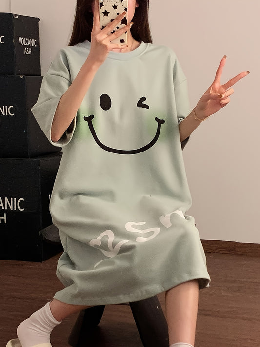 Women's Cute joyful Face Cartoon Print Green Nightgown - Soft Short Sleeve Sleep Dress, Machine Washable, Summer Comfort Loungewear, Ladies Sleepwear, Cozy Nightdress, Playful Design, Comfortable Fabric