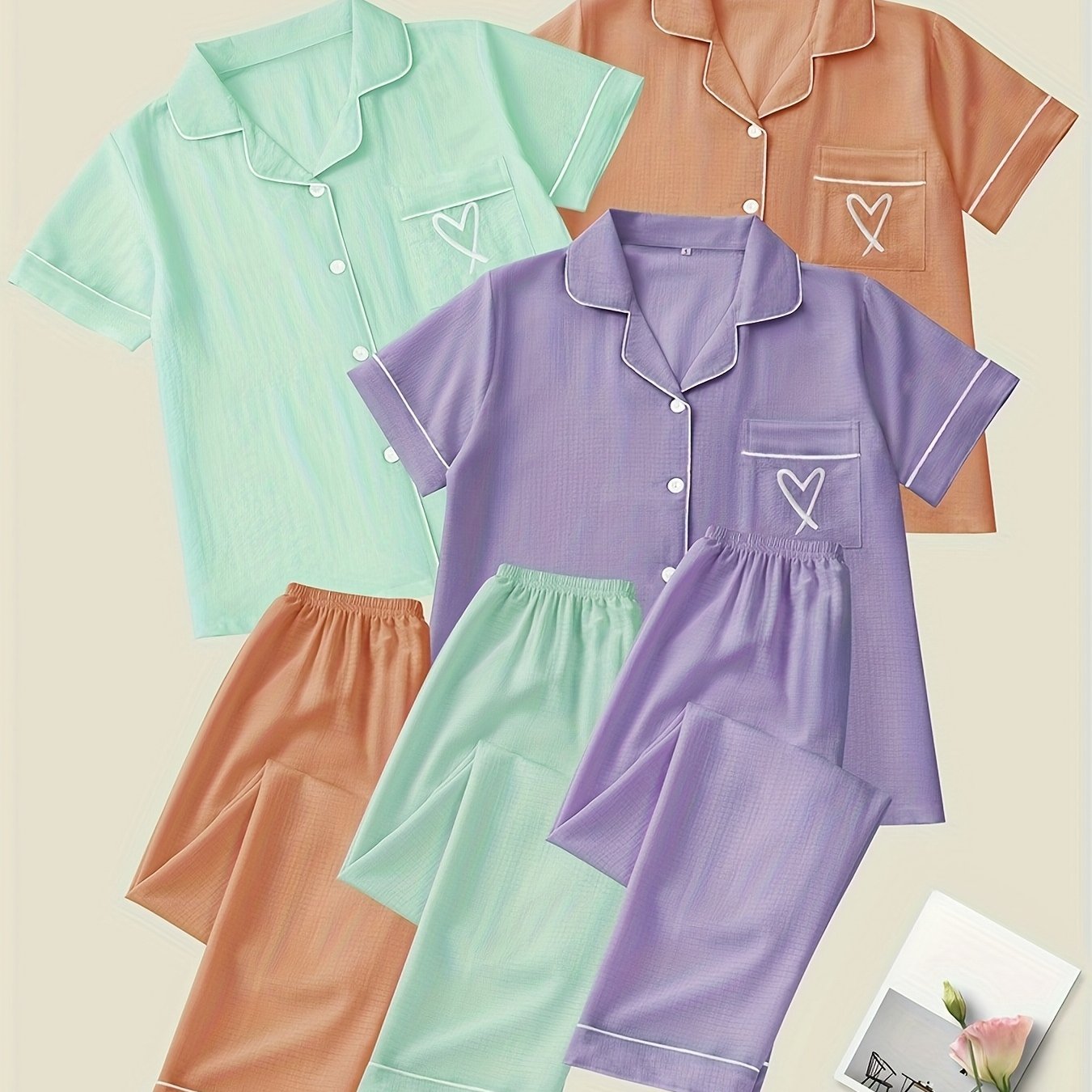 Set Amira – Herz Stickerei Pyjama 3-teilig