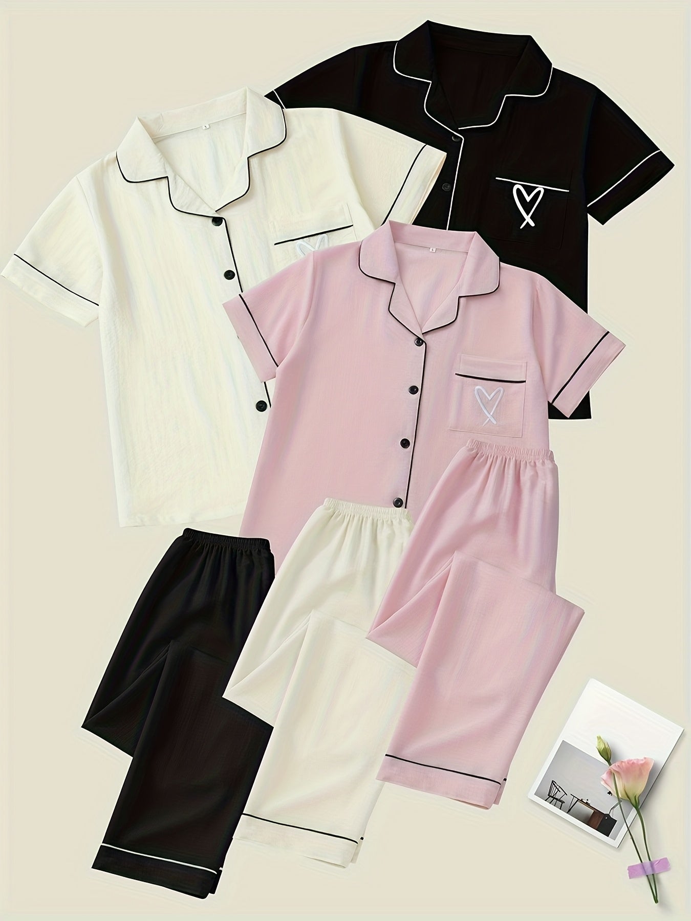 Set Amira – Herz Stickerei Pyjama 3-teilig