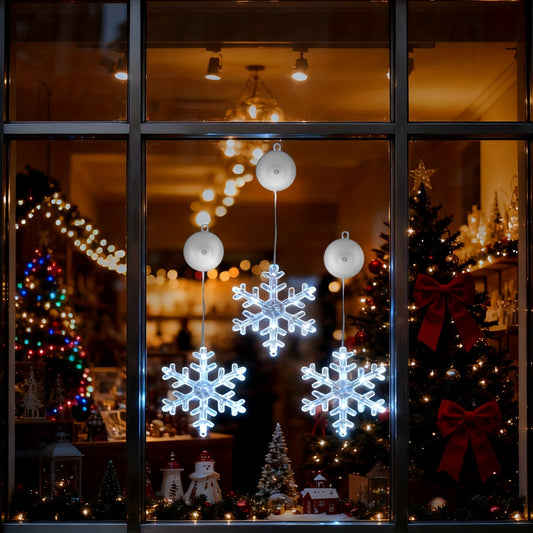 LED Schneeflocken Fensterlichter – 3er Set mit Saugknopf