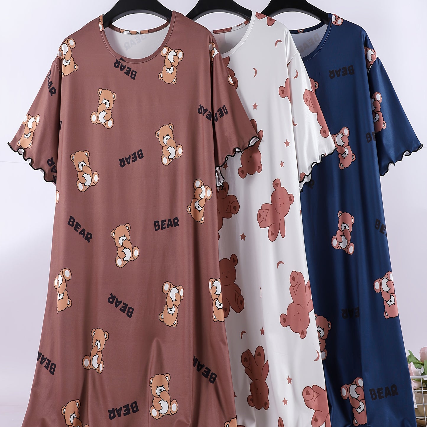 Set of 3 Short-Sleeve Summer Nightgowns for Women, Featuring a Loose Fit And Round Neck. Adorned with Cute Cartoon Bear Prints, These Comfortable And Durable Homewear Dresses Have a Dropped Shoulder Design And Rolled Edges.